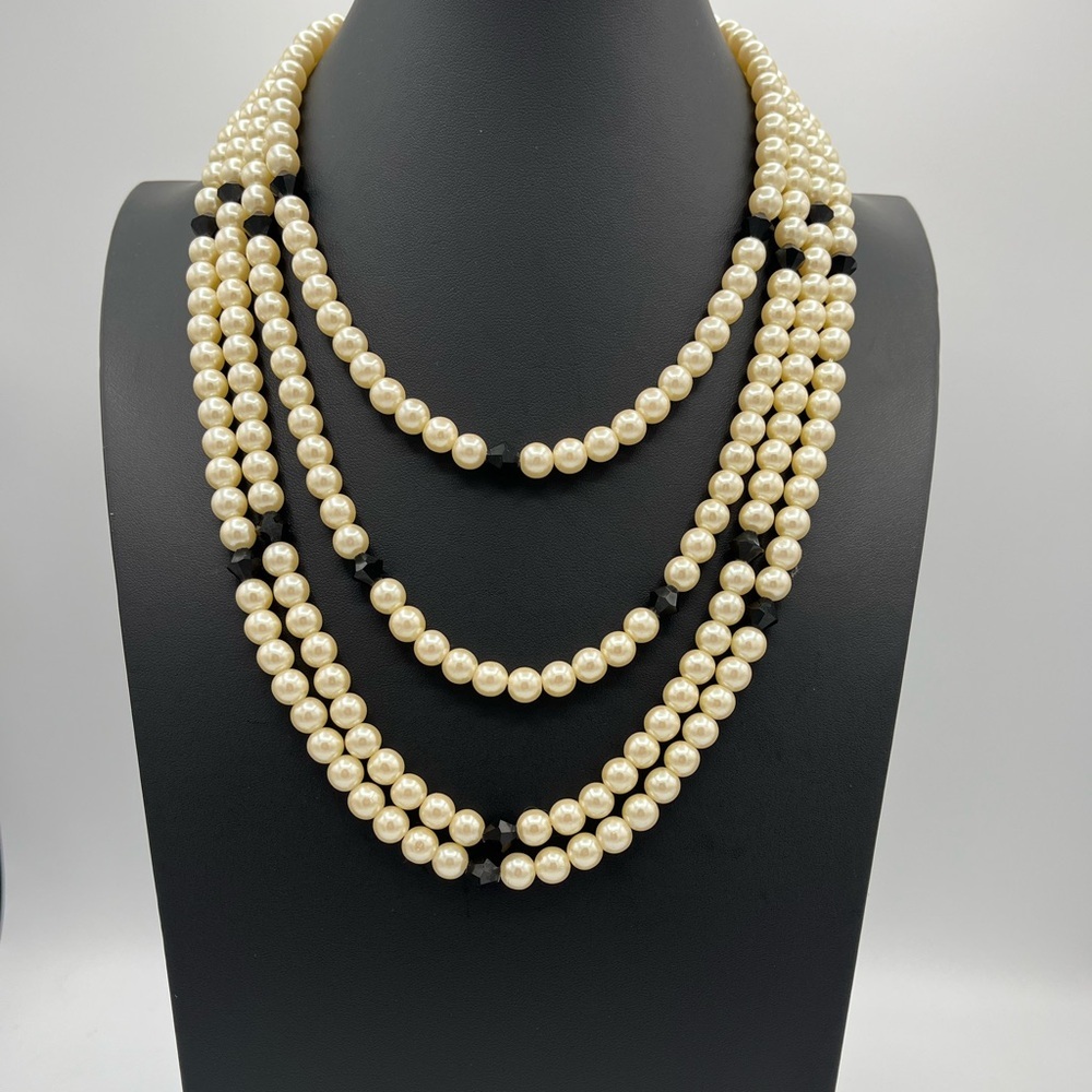 Vintage Extra Long 89" Heavy Glass Faux Pearl & Black Bead Necklace